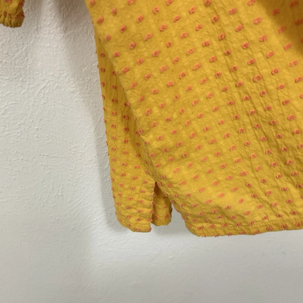 LOFT Yellow Dotted Textured Cotton Blouse Top Button- Up Placket Puff Sleeves M
